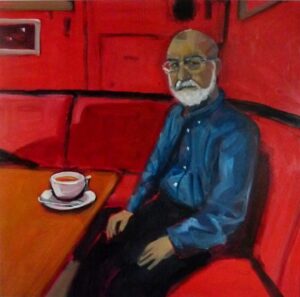 Painting showing man drinking coffee in red interior. Morning Coffee, Peter Roebuck.